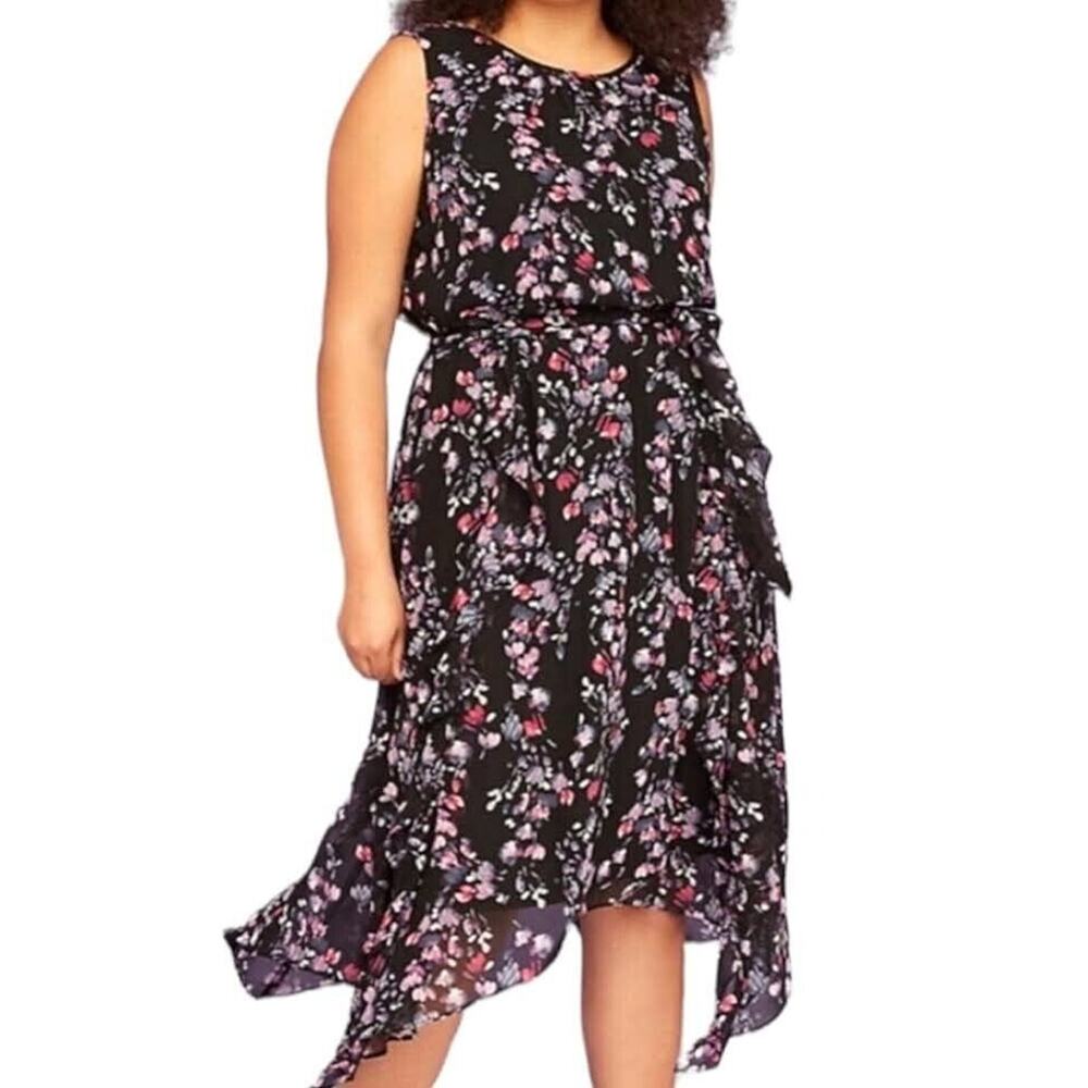 NWT Lane Bryant Black Chiffon Floral Handkerchief Hem Midi Dress Womens 28 Lined